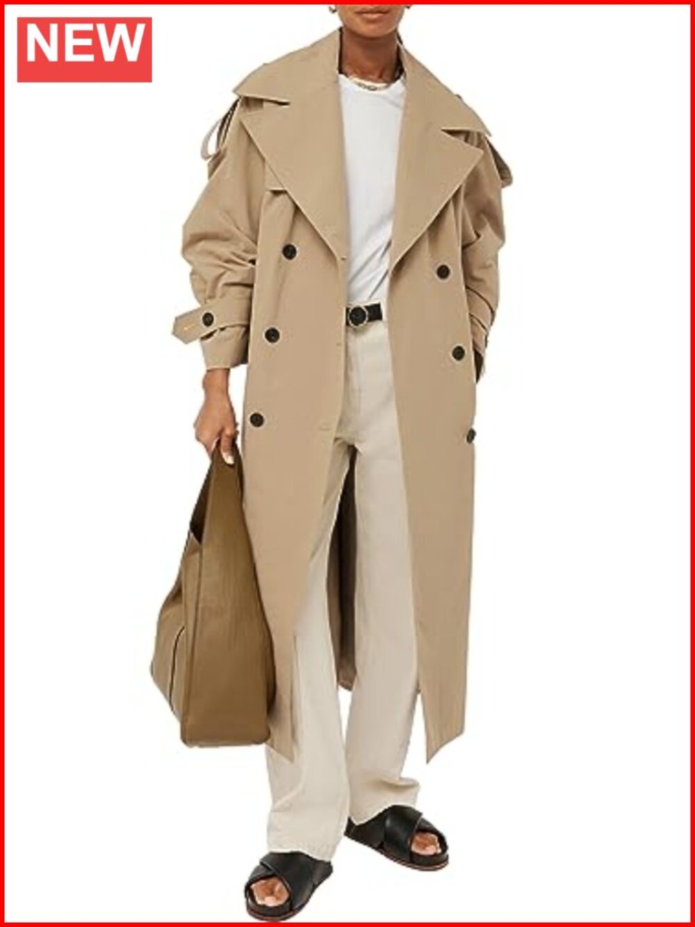 Womens Oversized Long Trench Coat Double Breasted Lapel Windproof